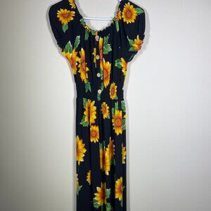 Seven Islands Women's Black Sunflower Maxi Button Front Dress Large!
